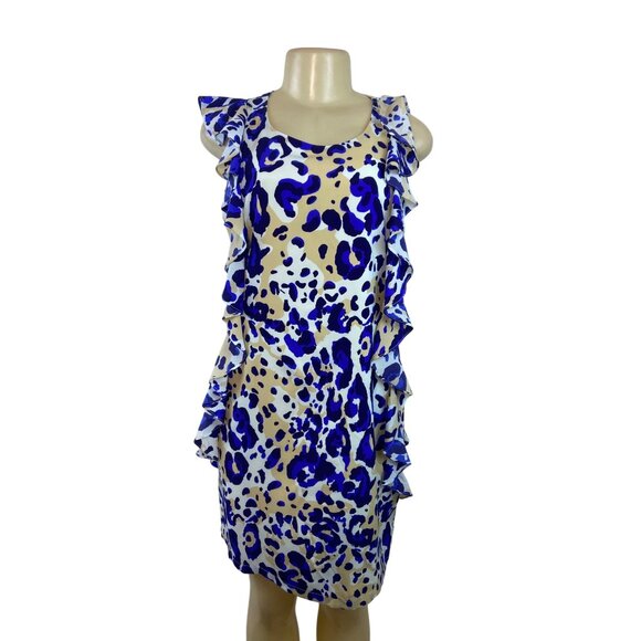 Julie Brown NYC Leopard Print Ruffle Sleeveless Shift Dress Beige & Blue Size 6 - Picture 1 of 8